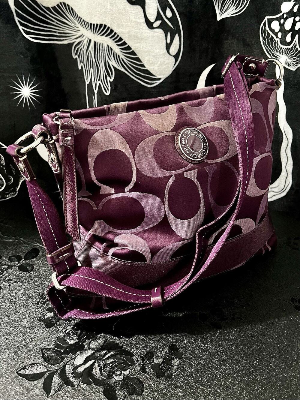 Coach Vintage Signature Stripe File Bag Crossbody Purse F20061 Plum Purple Y2K